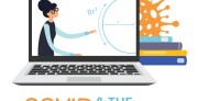 Graphic logo of a laptop displaying a teacher with books and a coronavirus to the right side. The title COVID & the Classroom is below.
